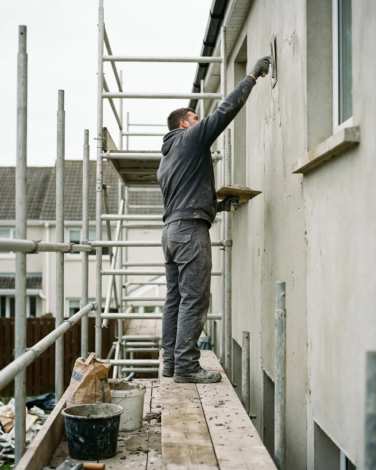 Arbeiten an einer Fassade in Fürth vom Gerüst aus